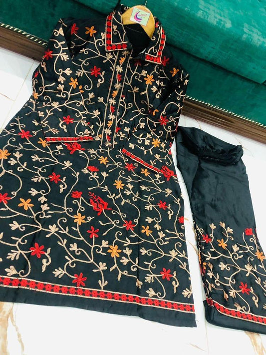 2 Pcs Women’s Stitched Katan Silk Embroidered Suit