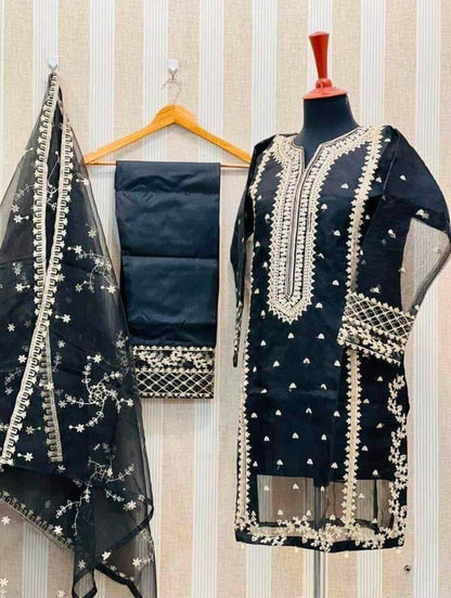Elegant Women's Stitched Suit Set - 3 Pcs Embroidered Organza in Black