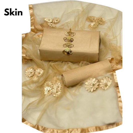 3 Pcs Women's Unstitched Katan Silk Plain Suit