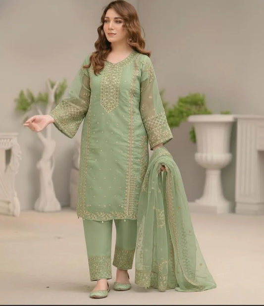 3 Pcs Women's Stitched Organza Embroidered Suit