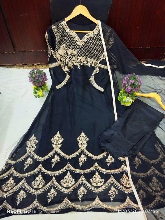 3 Pcs Women's Stitched Chiffon Embroidered Maxi Suit