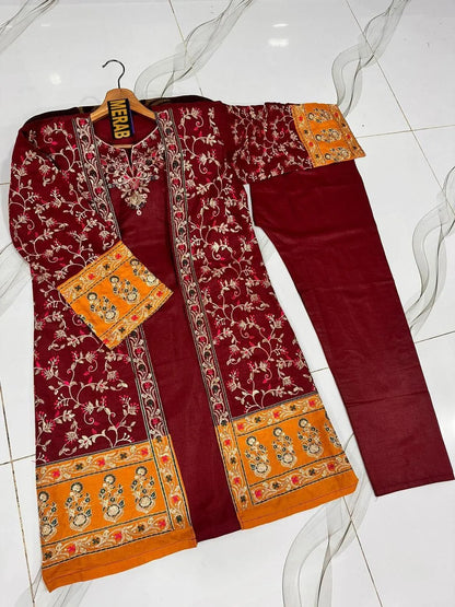 3 Pcs Women's Stitched Cotton Embroidered Gown Suit