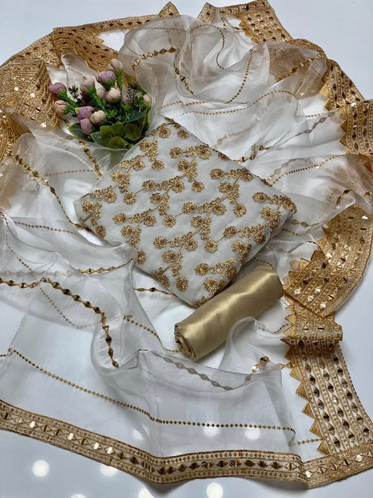 3 Pcs Women's Unstitched - Marble & Gotta Embroidery Work Shirt - Self Embossed Masoori Shalwar - Crystal Tissue 9mm Sequence Embedded 4 Side Border Work Dupatta