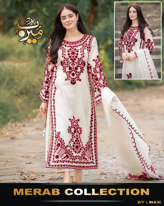3 Pcs Women's Stitched Organza Embroidered Suit