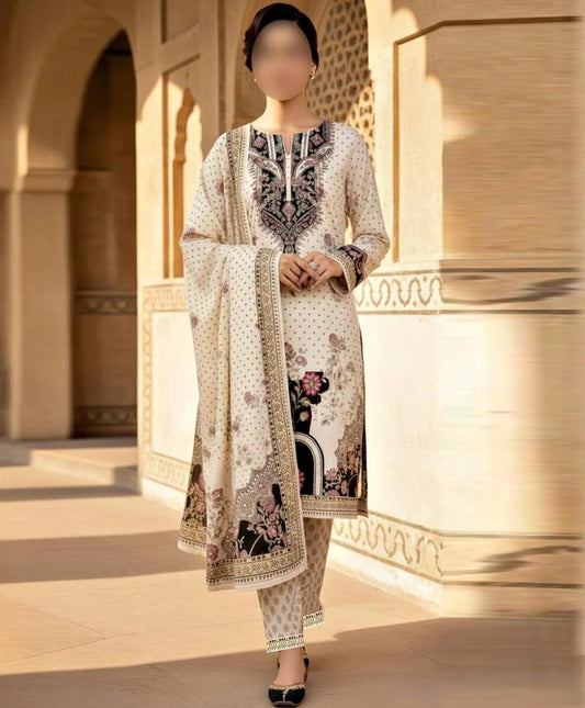 Latest 3 Pcs Unstitched Silky Suit 2026 – Digital Printed Long Airline Shirt with Trouser & China Silk Dupatta for Women | Summer Collection