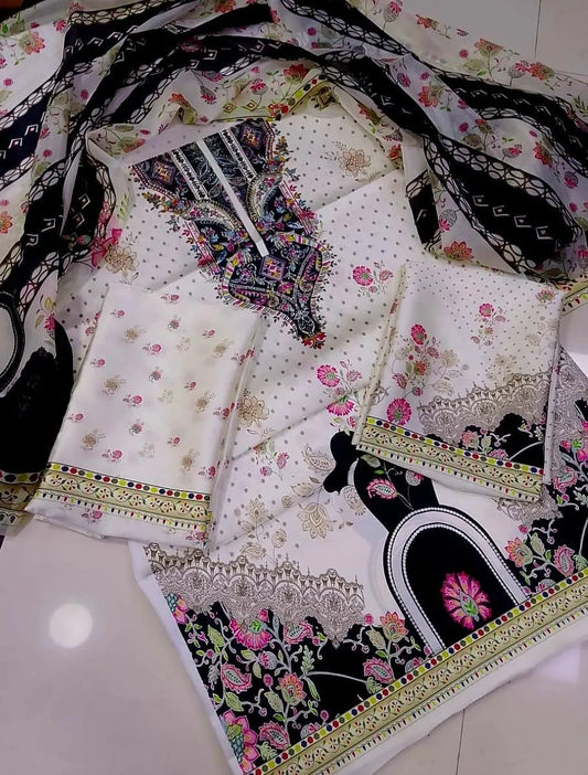 Latest 3 Pcs Unstitched Silky Suit 2026 – Digital Printed Long Airline Shirt with Trouser & China Silk Dupatta for Women | Summer Collection