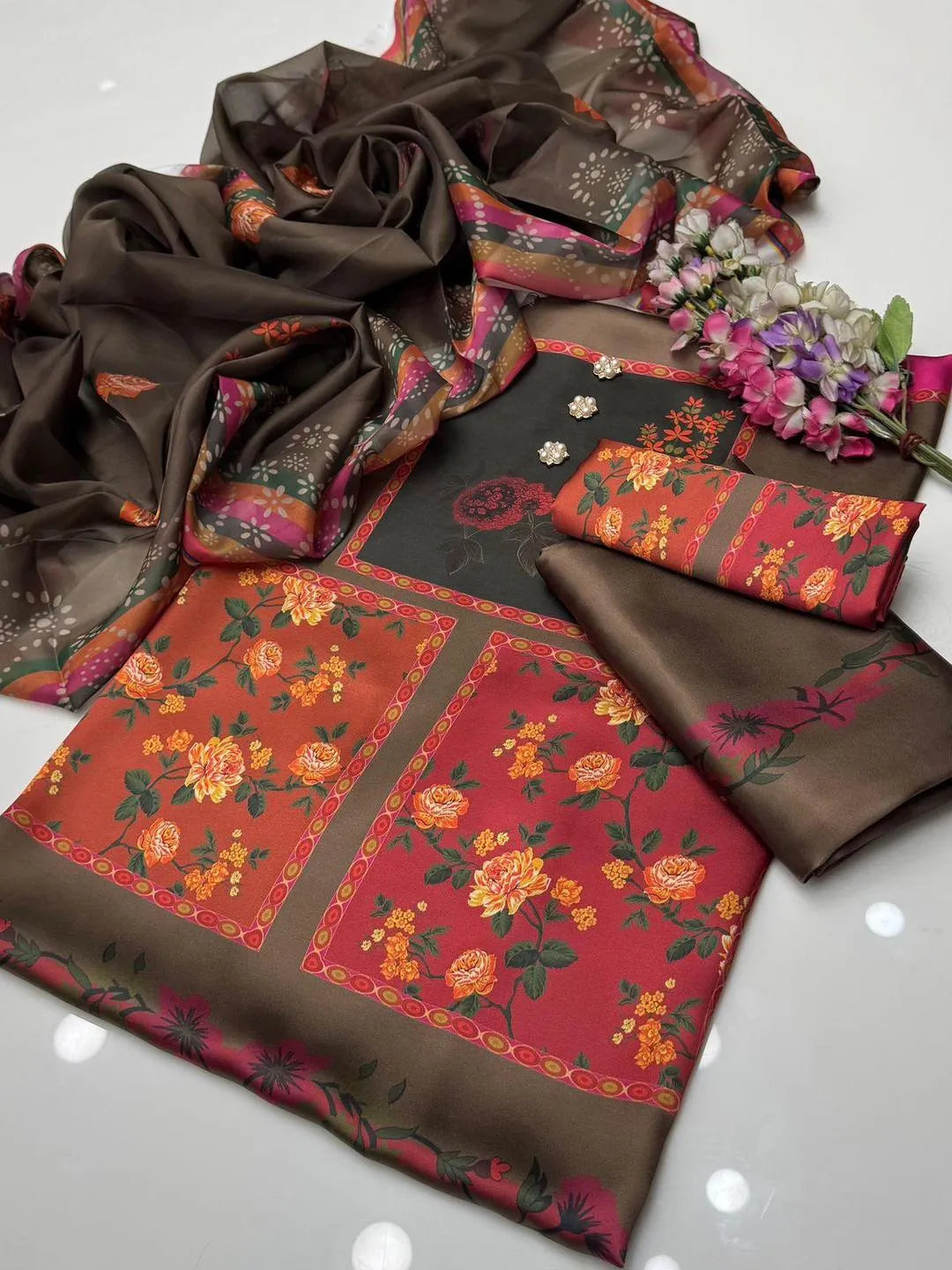 Latest 3 Pcs Unstitched Silky Suit 2026 – Digital Printed Long Airline Shirt with Trouser & China Silk Dupatta for Women | Summer Collection