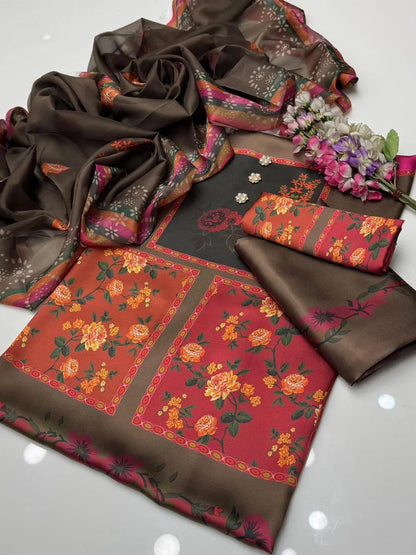 Latest 3 Pcs Unstitched Silky Suit 2026 – Digital Printed Long Airline Shirt with Trouser & China Silk Dupatta for Women | Summer Collection