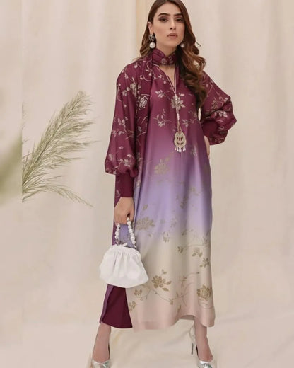 Latest 3 Pcs Unstitched Silky Suit 2026 – Digital Printed Long Airline Shirt with Trouser & China Silk Dupatta for Women | Summer Collection