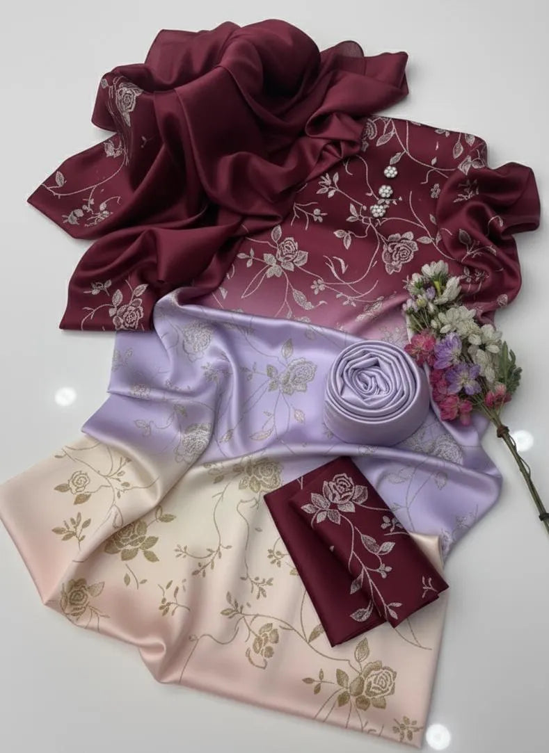 Latest 3 Pcs Unstitched Silky Suit 2026 – Digital Printed Long Airline Shirt with Trouser & China Silk Dupatta for Women | Summer Collection