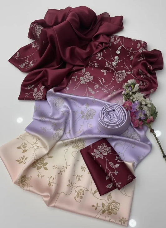 Latest 3 Pcs Unstitched Silky Suit 2026 – Digital Printed Long Airline Shirt with Trouser & China Silk Dupatta for Women | Summer Collection