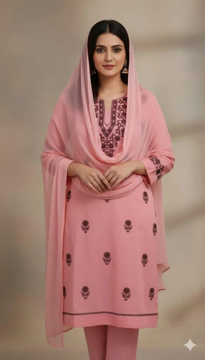 3 Pcs Chic Pink Embroidered Suit for Women Set in Linen with Dupatta