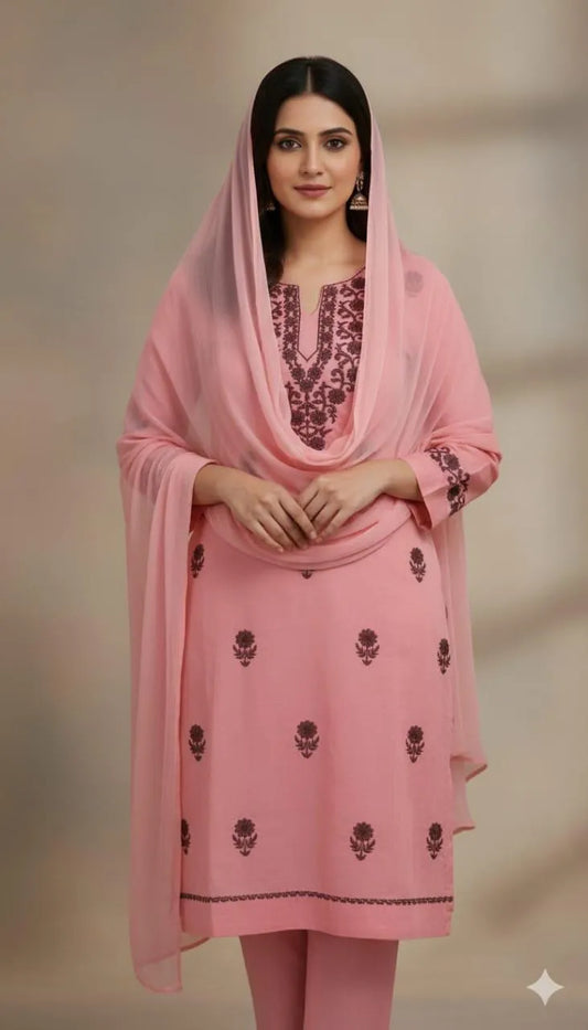 3 Pcs Chic Pink Embroidered Suit for Women Set in Linen with Dupatta