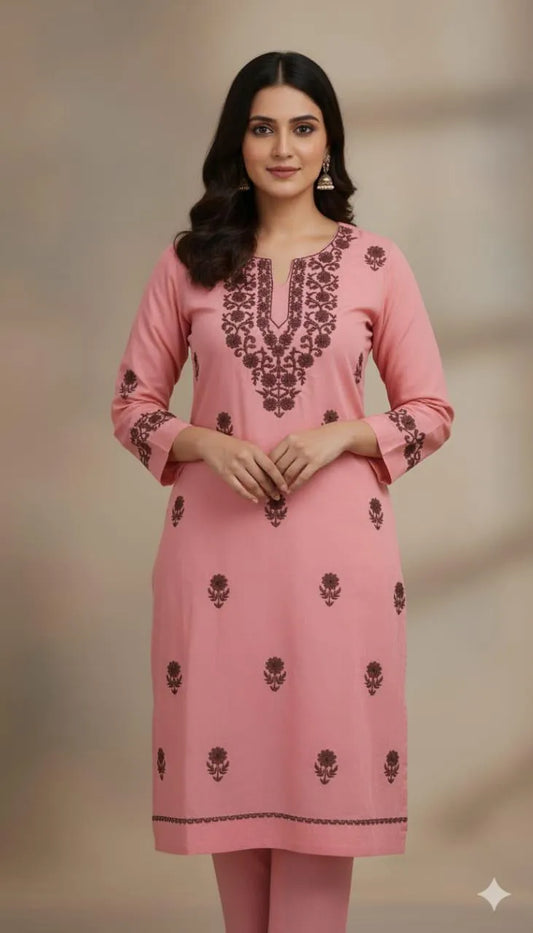 3 Pcs Chic Pink Embroidered Suit for Women Set in Linen with Dupatta