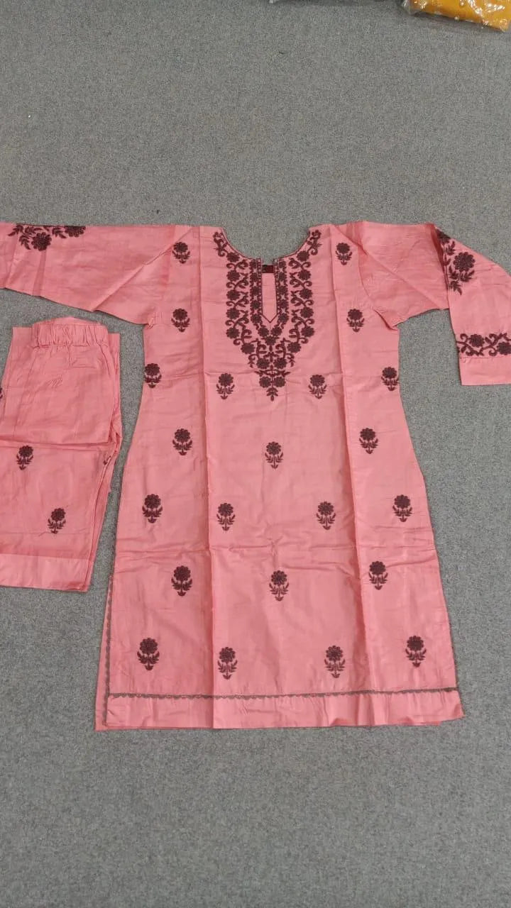 3 Pcs Chic Pink Embroidered Suit for Women Set in Linen with Dupatta