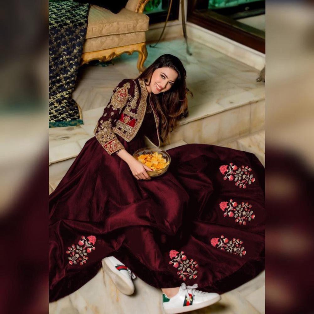 2 Pcs Women's Stitched Silk Plain Maxi With Embroidered Jacket