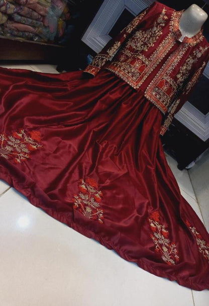 2 Pcs Women's Stitched Silk Plain Maxi With Embroidered Jacket