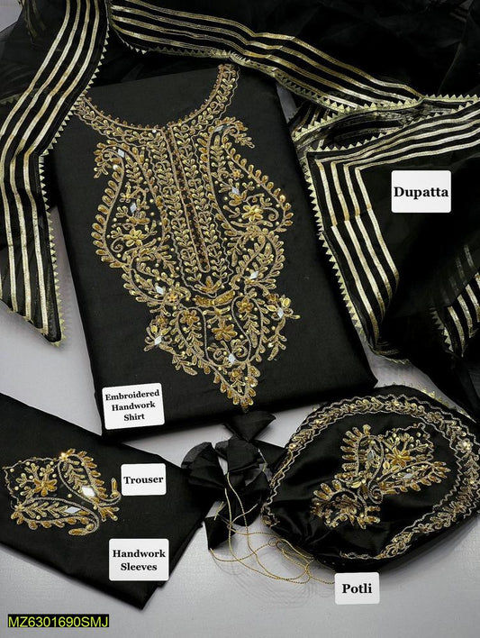 3 Pcs Women's Unstitched Cotton Embroidered Suit