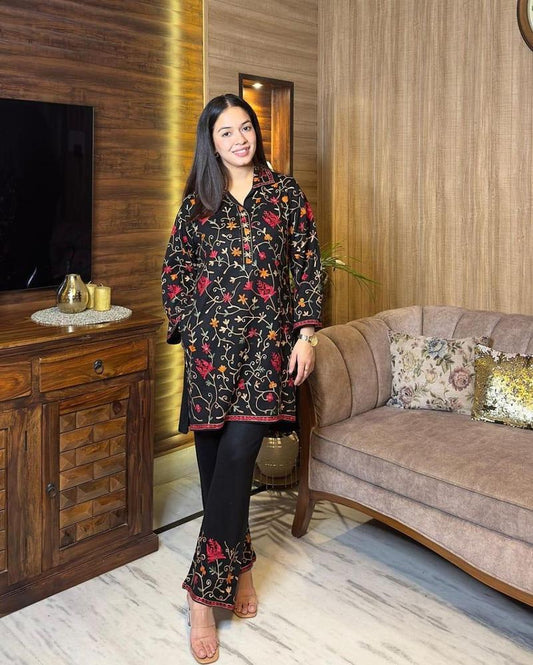 2 Pcs Women’s Stitched Katan Silk Embroidered Suit