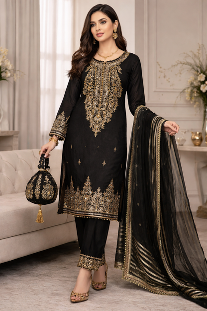 3 Pcs Women's Unstitched Cotton Embroidered Suit